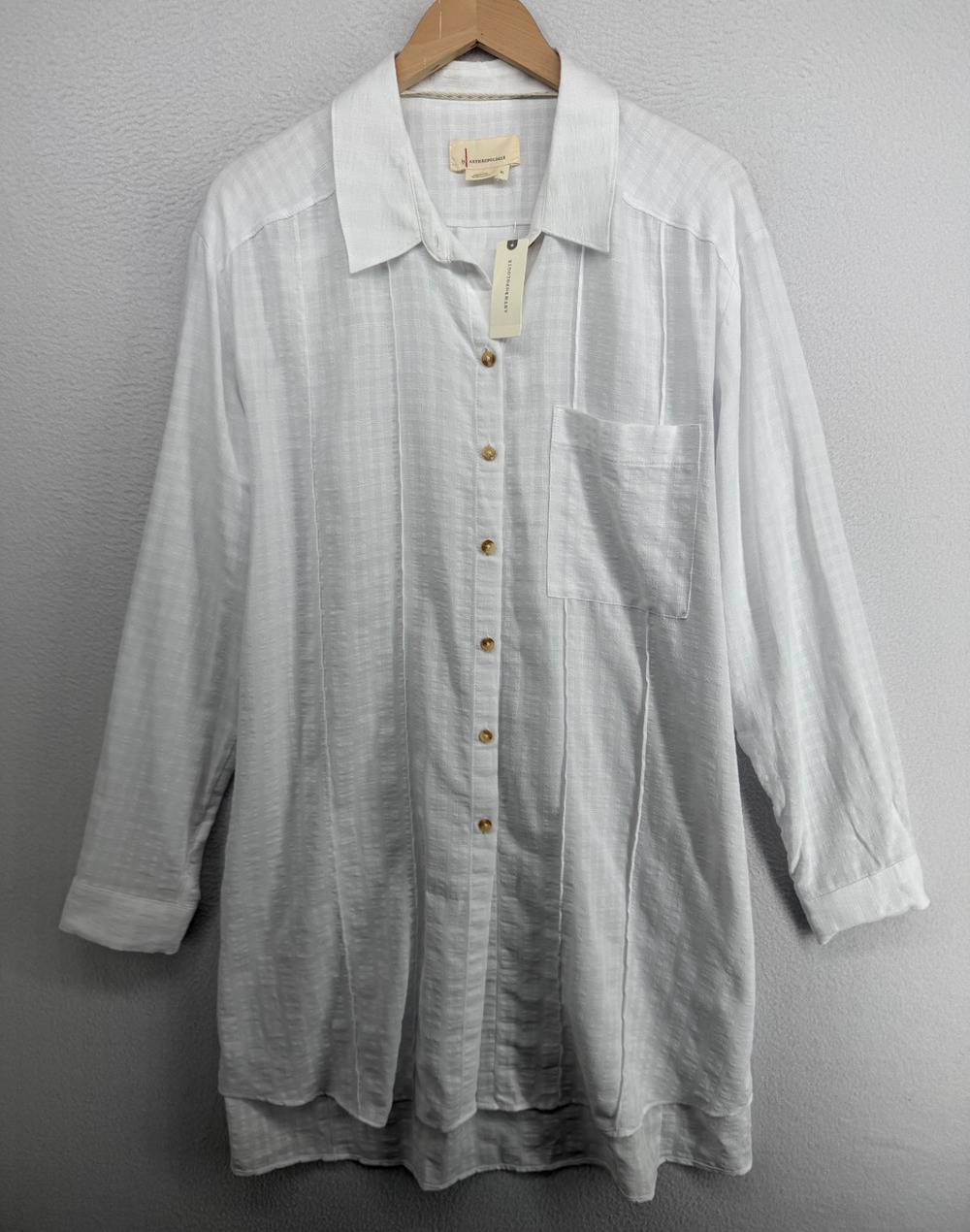 ANTHROPOLOGIE Tunic Top XL Plaid Textured Button Down Cover Up White NEW
